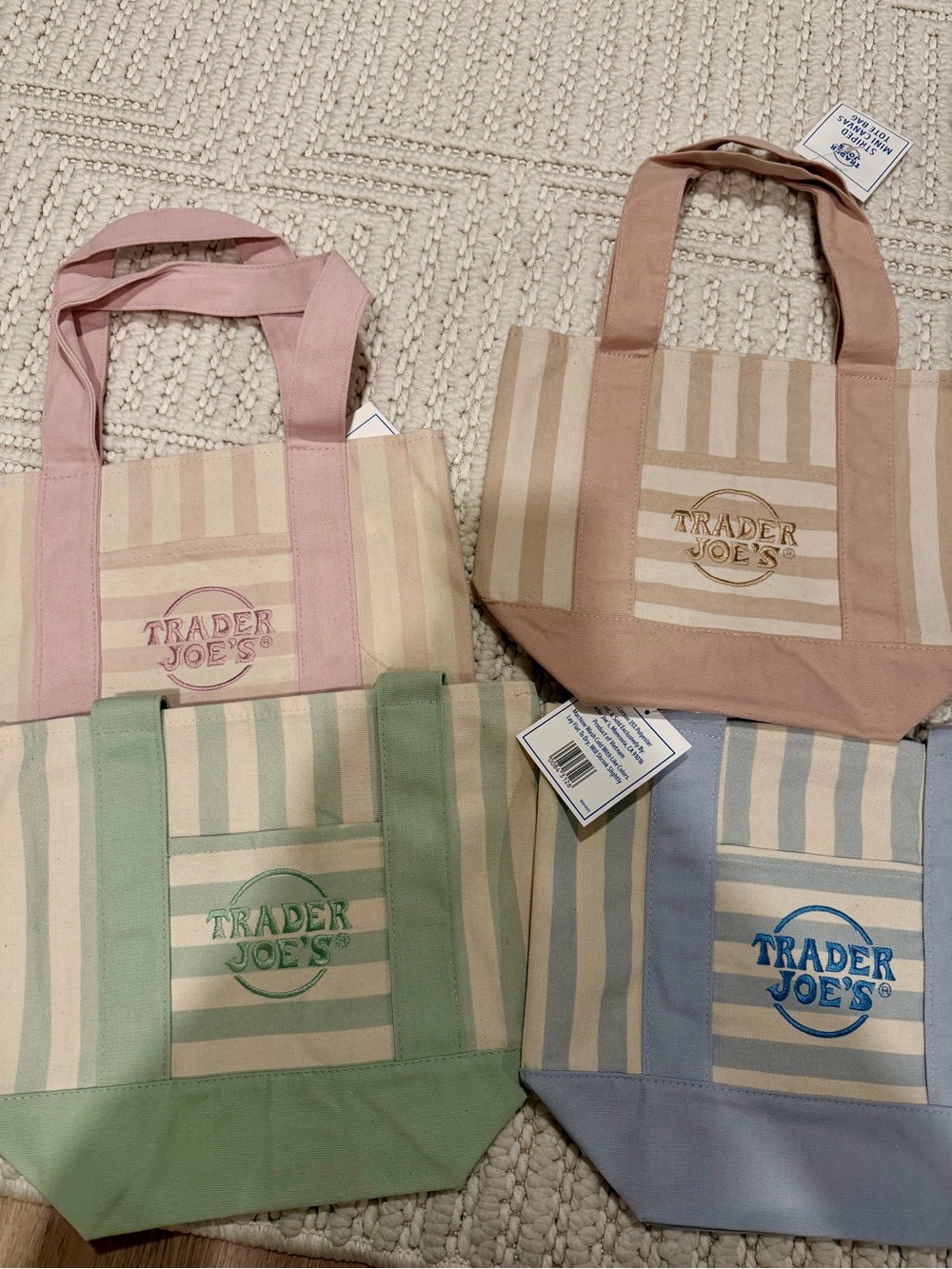 NEW Set of 4 new striped TRADER JOES MINI TOTE BAGS. 1 of each color